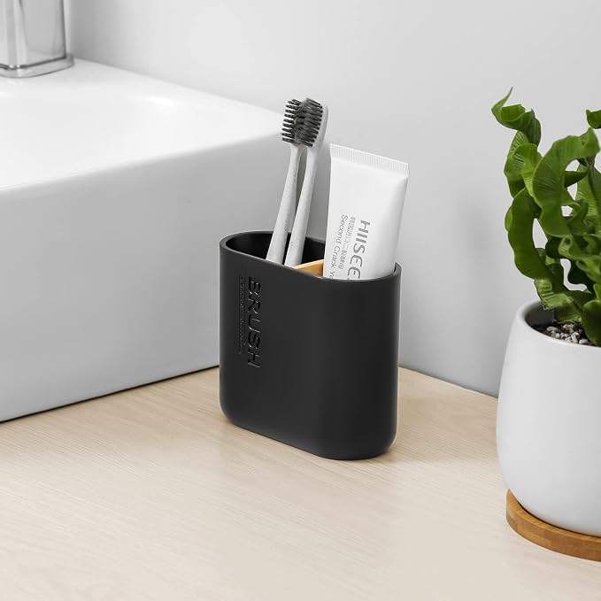 Toothbrush Holders Bamboo Electric Toothbrush Holder Bathroom Storage Organizer Countertop for Toothpaste, Floss, Razor, Black