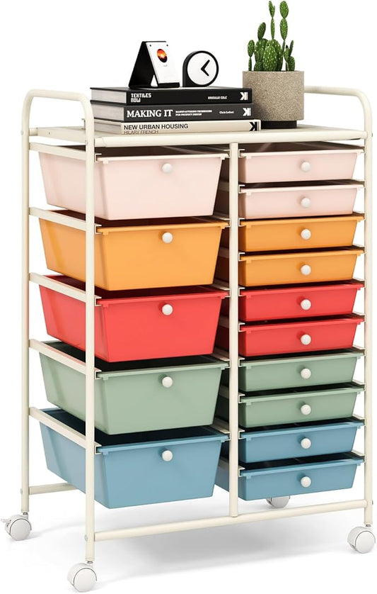 LDAILY 15 Drawer Rolling Storage Cart, Rolling Cart with Drawers for Classroom, Art Supply Craft Organizer on Wheel with Metal Frame & Handles for Home Office School
