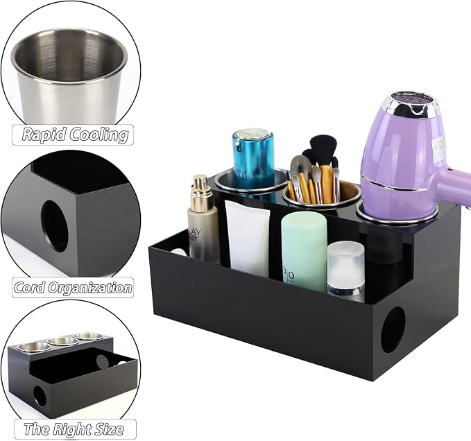 Hair Tool Organizer, Black Acrylic Hair Dryer Holder with Insulated Cup, Bathroom Supplies Countertop Blow Dryer Holder, Vanity Caddy Storage Stand for Accessories, Makeup, Toiletries