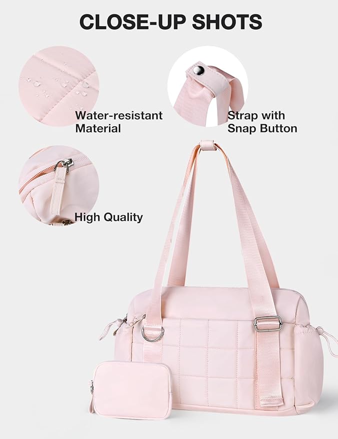VUUDH Puffy Mini Gym Bag for Women, Carry On Multi-Pocket Water-Resistant Duffel, Lightweight Sports Bag for Fitness, Work, Travel, Daily Commute,Pink