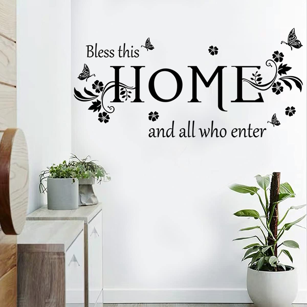 Black Vinyl Wall Sticker Wall Word Quotes Bless This Home and All who Enter Wall Decals Flowers Butterfly Wall Decor Sticker for Entryway Living Room Home Decor.