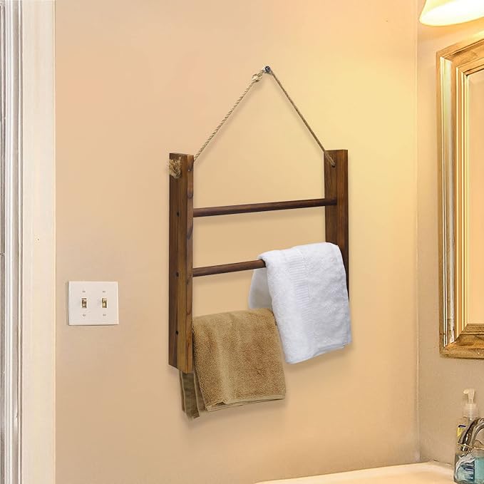 Drak Brown Towel Ladder - Rustic Decorative Blanket Rack for Bathroom & Living Room, Hanging Hand Towel Rack