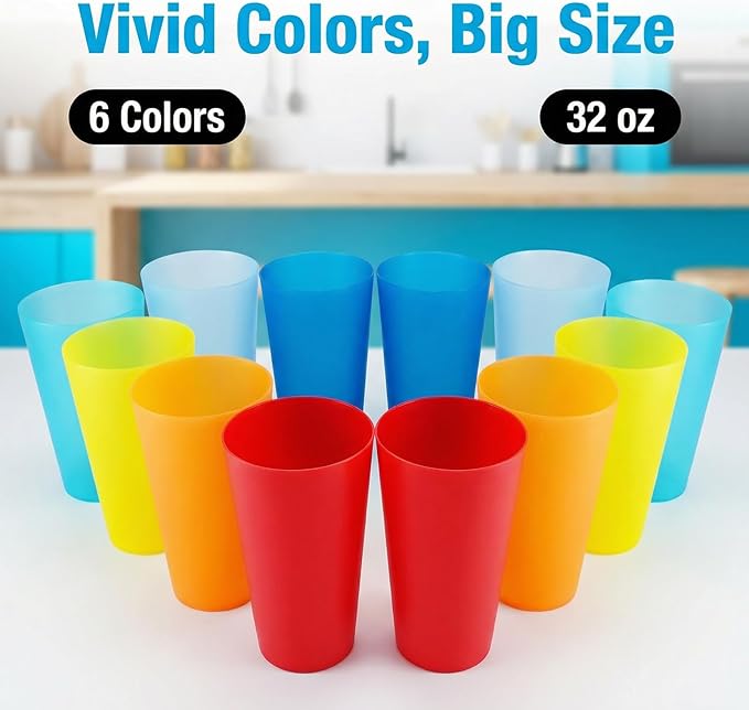 AOYITE Large Plastic Cups Reusable - 32 oz Water Tumblers Unbreakable Drinking Glasses set of 12 - BPA Free Dishwasher Safe Big Plastic Cups for Kids Kitchen Camping Party Outdoor