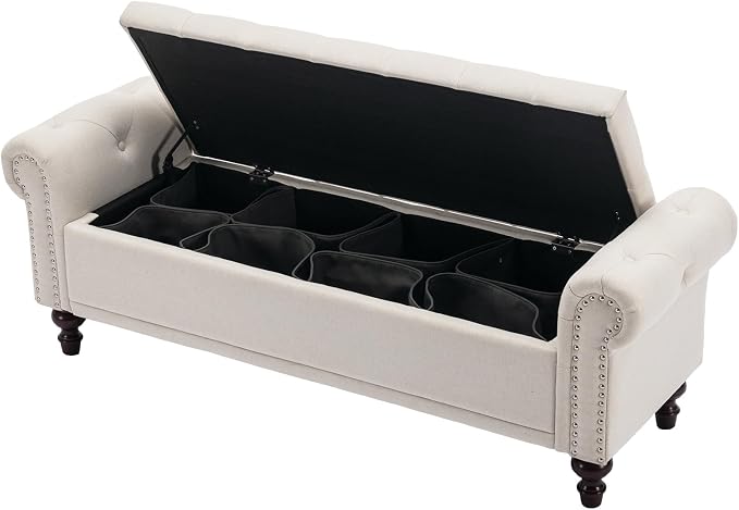 58'' Upholstered Storage Bench for Bedroom, Linen End of Bed Storage Ottoman Benches Large, Button Tufted Ottomans with Storage for Living Room/Entry Way/Closet, Beige