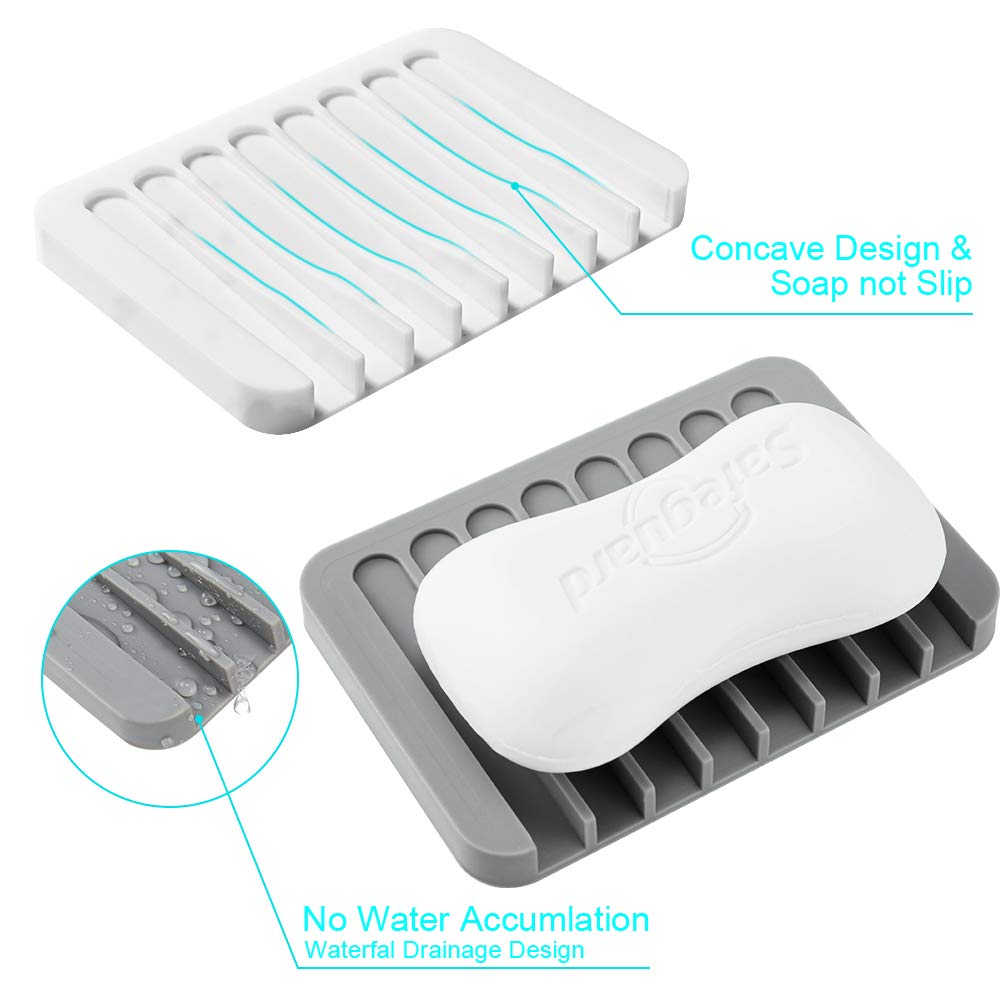 2PCS Soap Dish Holder, Premium Silicone Soap Dishes for Shower Bathroom Kitchen Sinks， Soap Tray Saver Drainer, Self-draining Waterfall, Non-Slip Design, Easy Cleaning (White)
