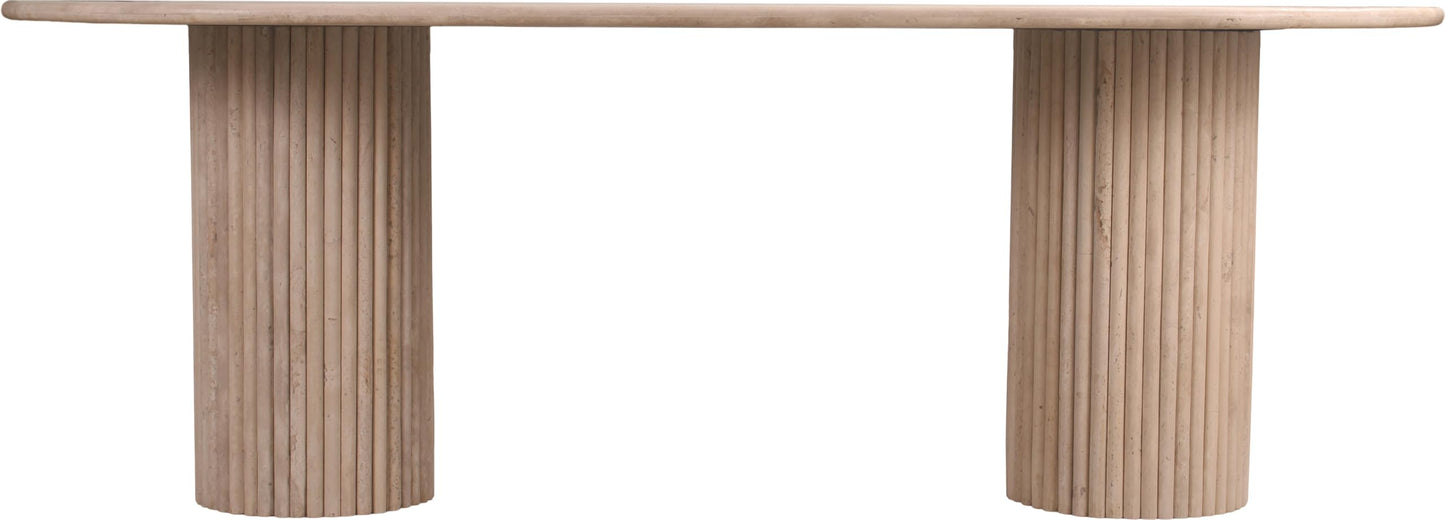 Meridian Furniture Messina Collection Art Deco Travertine Dining Table, Fluted Travertine Bases, Oval Top, 87" W x 39.5" D x 30" H, Beige Travertine