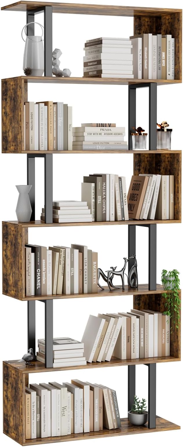 Gadroad 6 Tier Geometric Bookcase,S Shaped Bookshelf, Wood Decorative Storage Shelving, Modern Freestanding Display Shelves, Tall Book Shelf Unit for Living Room Bedroom, Rustic Brown