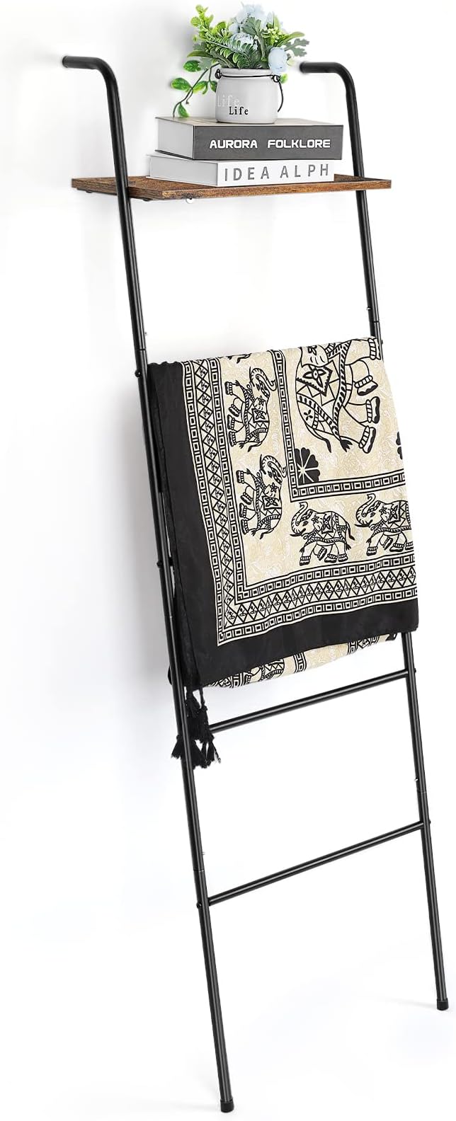 Vrisa Blanket Ladder Wall Leaning Blanket Rack Farmhouse 5-Tier Metal Blanket Holder with Shelf Bath Towel Storage for Bathroom Quilt Bedroom Living Room Pool Black