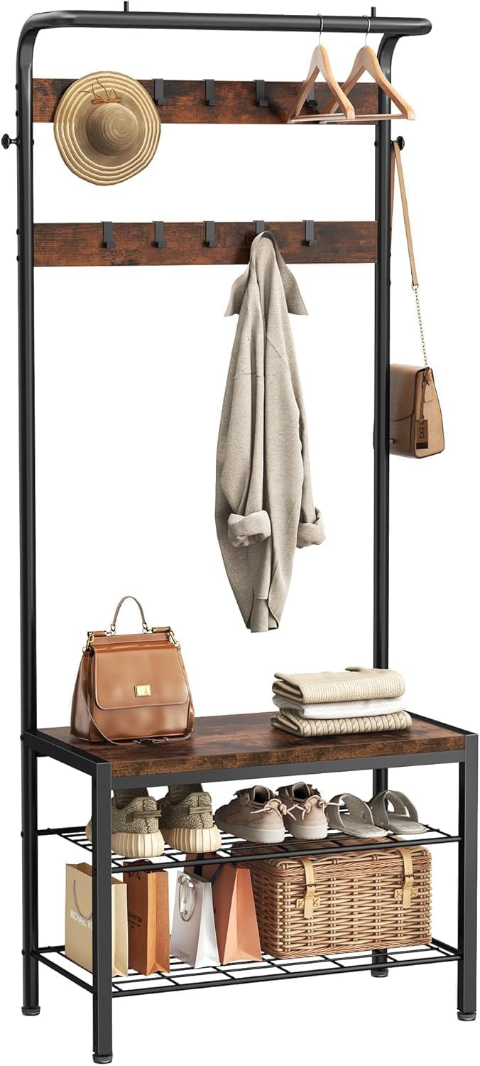 KMFurnila Hall Tree with Bench and Shoe Storage, 4-in-1 Entryway Organizer with 10 Hooks and Storage Shelf,Coat Rack Freestanding with 2-Tier Storage Shelf for Living Room, Bedroom Rustic