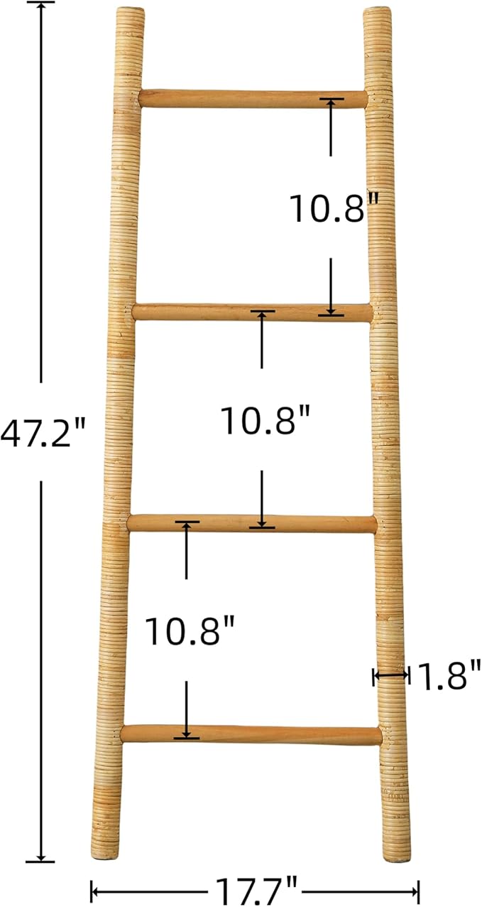 SOFE 4-Tier Rattan Blanket Ladder Shelves, 3.9Ft (47Inches) Decorative Ladder Holder, Wall Leaning Blanket Rack for Living Room, Bedroom, Farmhouse Home Decor