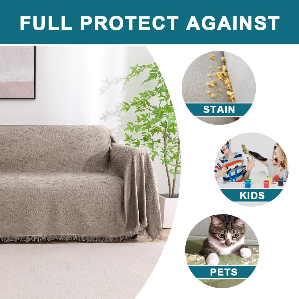 Turquoize Couch Cover Sofa Covers Washable Couch Covers for 3 Cushion Couch Throw Cover Sectional Couch Cover Furniture Cover for Pets, Kids Feature Geometrical Jacquard Fabric(71"x118",X-Large,Sand)