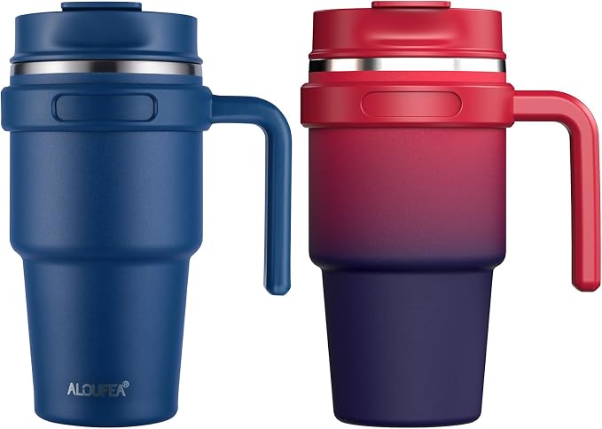 20 oz Insulated Coffee Mug Tumbler with Handle, Stainless Steel Travel Mug Tumbler with Lid and Straw,Double Wall Vacuum Leak Proof Ice Coffee Thermal Cup, Navy/Dark Rainbow