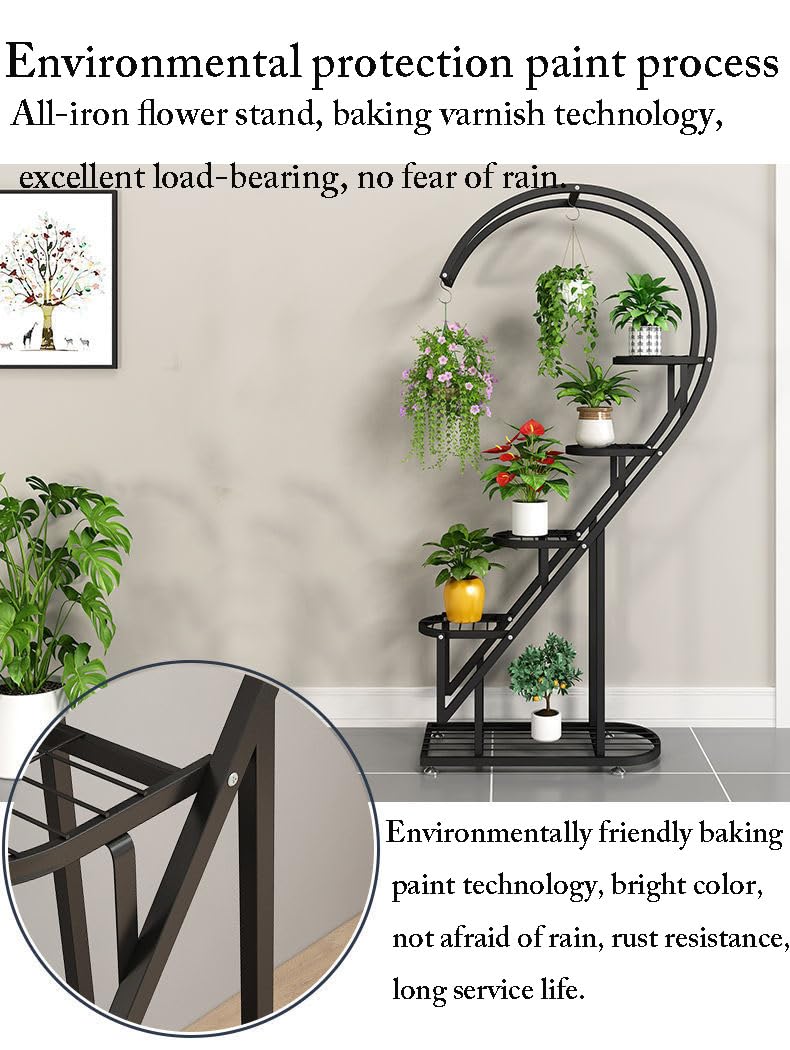 Eiwitany Floor-Standing Wrought Iron Flower Stand Installation Simple Load-Bearing Strong Home Living Room Balcony Heart-Shaped Shelf (Black)
