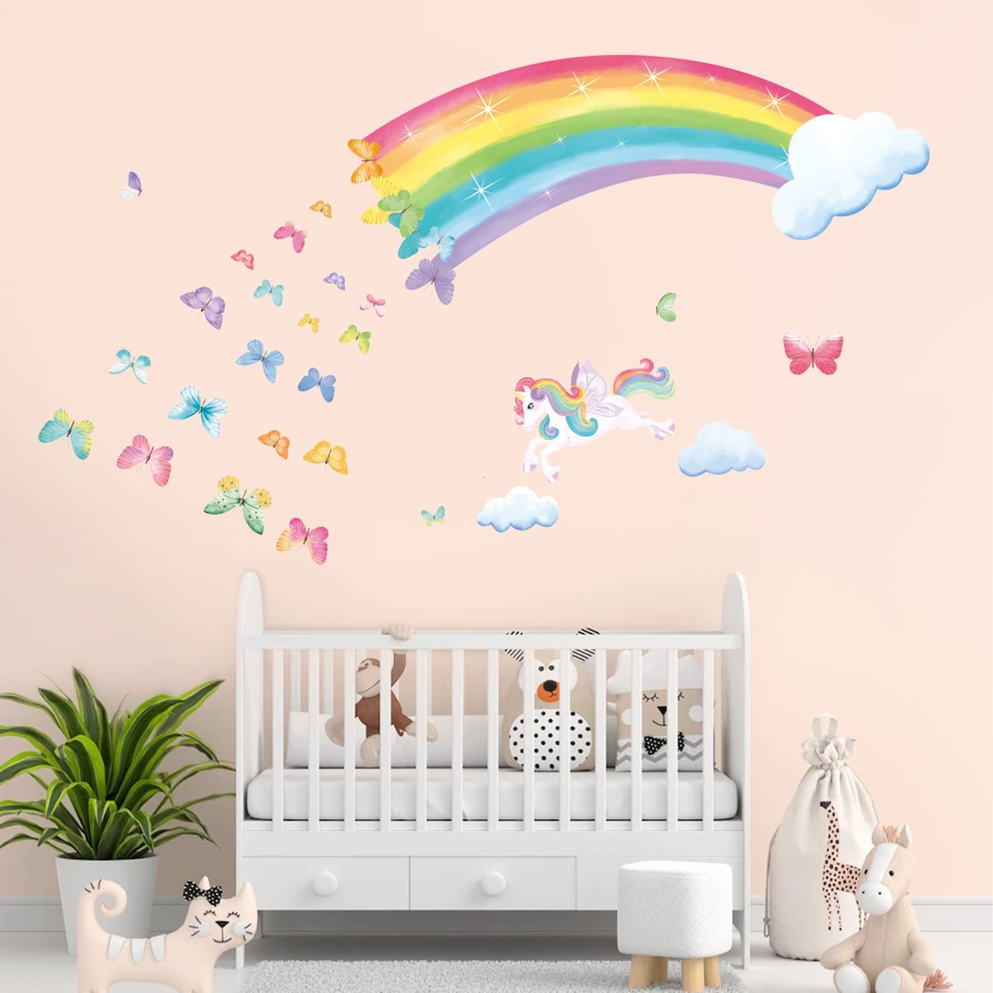 decalmile Rainbow Wall Decals Unicorn Rainbow Butterflies Clouds Wall Stickers Baby Nursery Girls Bedroom Daycare Wall Decor Gifts for Girls