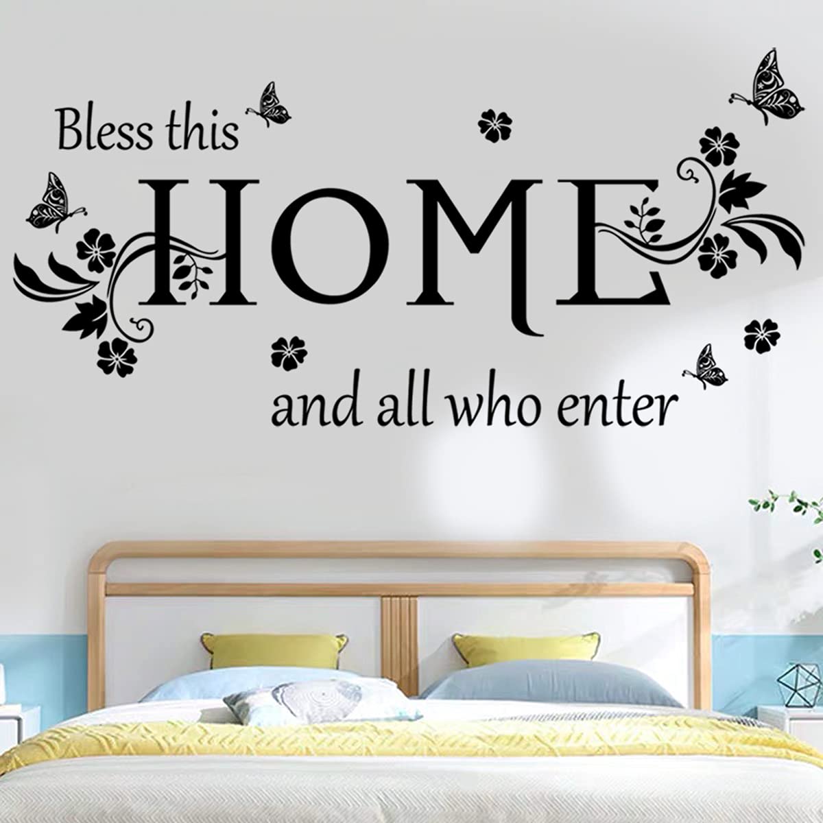 Black Vinyl Wall Sticker Wall Word Quotes Bless This Home and All who Enter Wall Decals Flowers Butterfly Wall Decor Sticker for Entryway Living Room Home Decor.