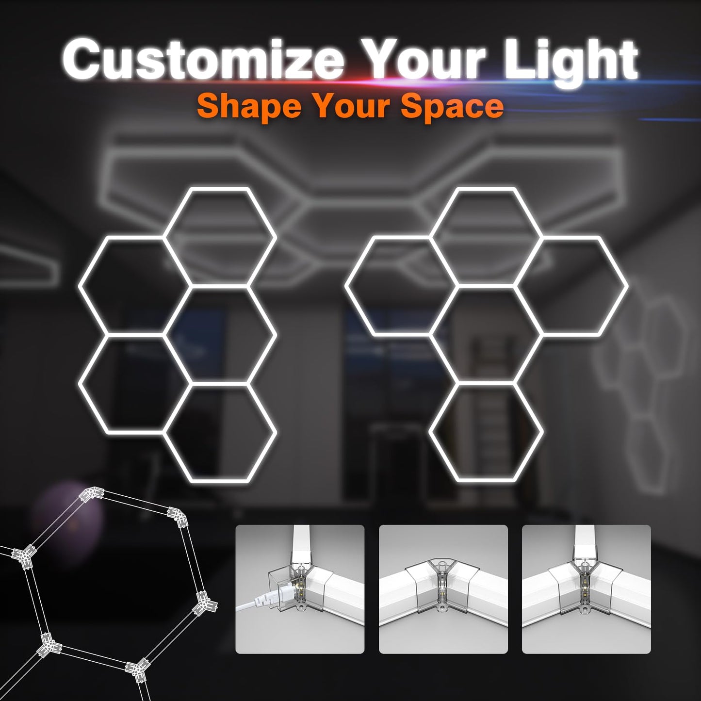 Litezone Hexagon Garage Lights, 5-HEX 240W 5000K Daylight Garage LED Lights, Modular Honeycomb Shop Light for Detailing, Workshop, Home Gym, Warehouse, DIY Workspace