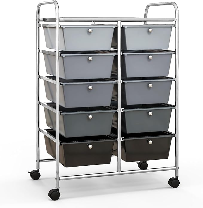 Giantex 10 Drawers Rolling Cart, Classroom Organizers, Storage Cart with Wheels, for Teacher Office Home School Supplies Tool Craft Art Paper, Black Gradient