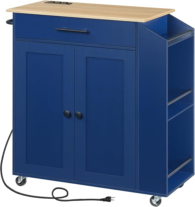 HOOBRO Kitchen Island with Power Outlet, Kitchen Storage Island with Spice Rack and Drawer, Rolling Kitchen on Wheels, for Home, Dining Room, Natural and Blue UN82UZD01G1