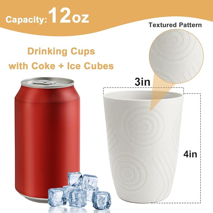 Drinking Glasses - Wheat Straw Cups Set of 6, Unbreakable Plastic Tumbler, Alternative to Plastic Glasses Drinking Reusable, Drinking Cup Dishwasher Safe Plastic Cups 12 OZ - White