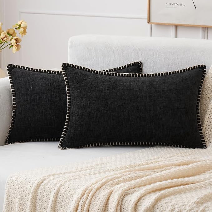 MIULEE Pack of 2 Lumbar Throw Pillow Covers 12x20 Inch Black Farmhouse Decorative Pillow Covers with Stitched Edge Soft Chenille Solid Dyed Pillow Covers for Couch Sofa Bed Living Room