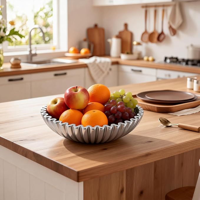 Large Modern Ruffle Bowls, Artificial Stone Decorative Catch All Bowl for Kitchen Counter and Entryway Table, Handcrafted Fruit Bowls and Key Bowl for Home Decor（Silver