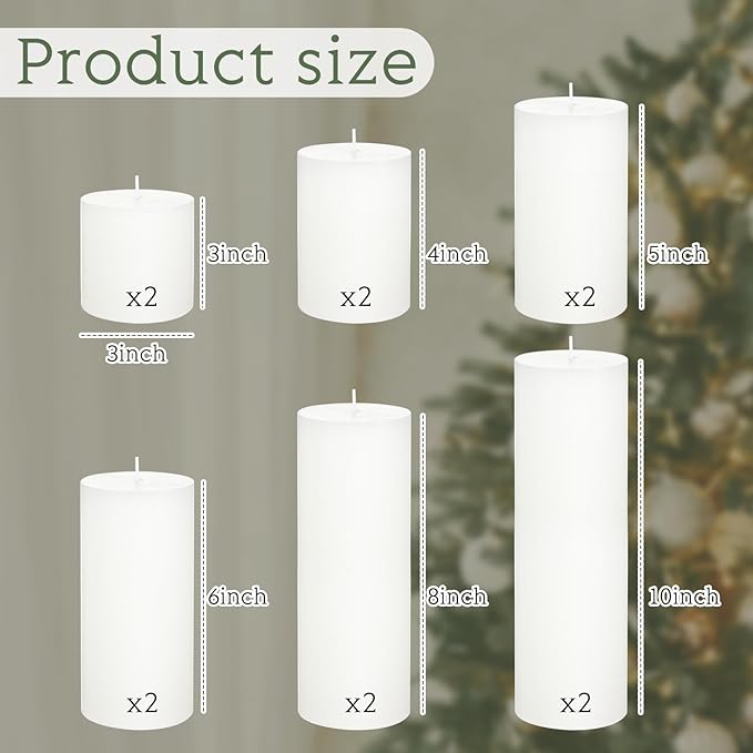 Shihanee 12 Pcs Pillar Candles 3 in x 3,4,5,6,8,10 Dripless Unscented Smokeless Candle Long Burning Decorative Rustic Candles with Cotton Wick for Wedding Home Fireplace (White)