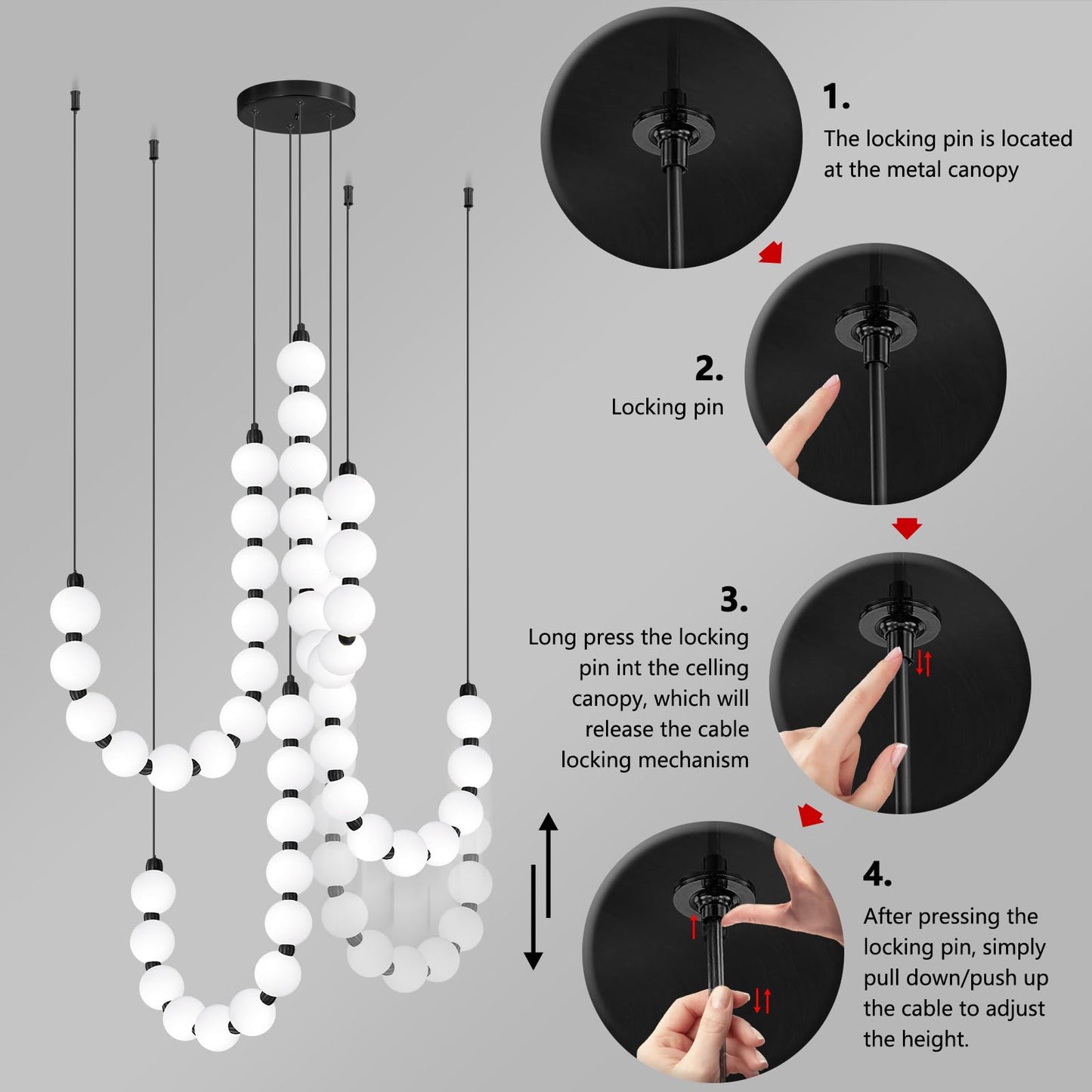cenozo Modern Chandeliers LED Dimmable Light Acrylic Balls Ceiling Pendant Lighting for Living Room Dining Room Bedroom Adjustable Hanging Lights 90 Watts Black Lamp