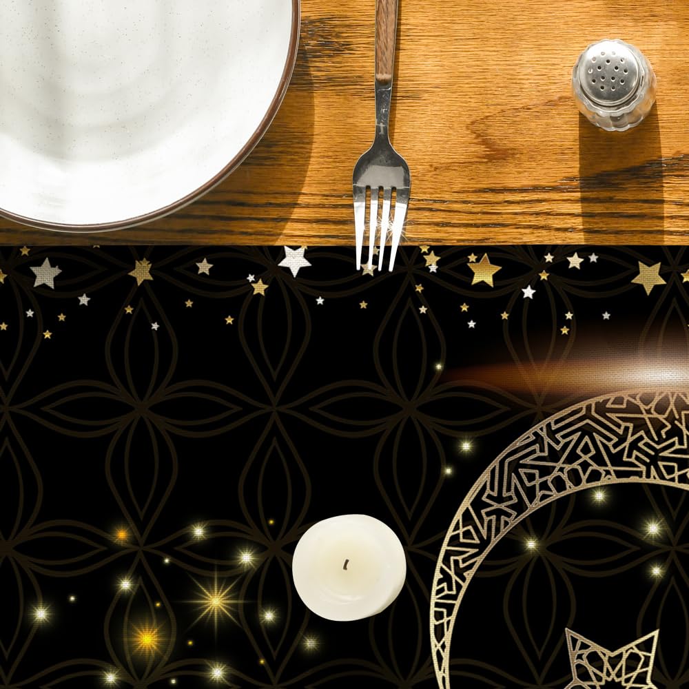 Artoid Mode Black Star Ramadan Moon Table Runner, Seasonal Kitchen Dining Table Decoration for Home Party Decor 13x72 Inch