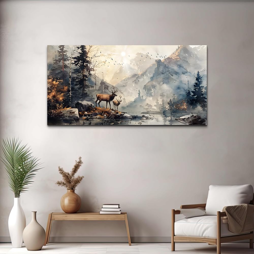FUHAIHUA Canvas Wall Art For Living Room Framed Wall Decor For Bedroom Office Mountain Forest Landscape Ink Paintings Deer Pictures Artwork Modern Aesthetic Home Decor 20x40 In