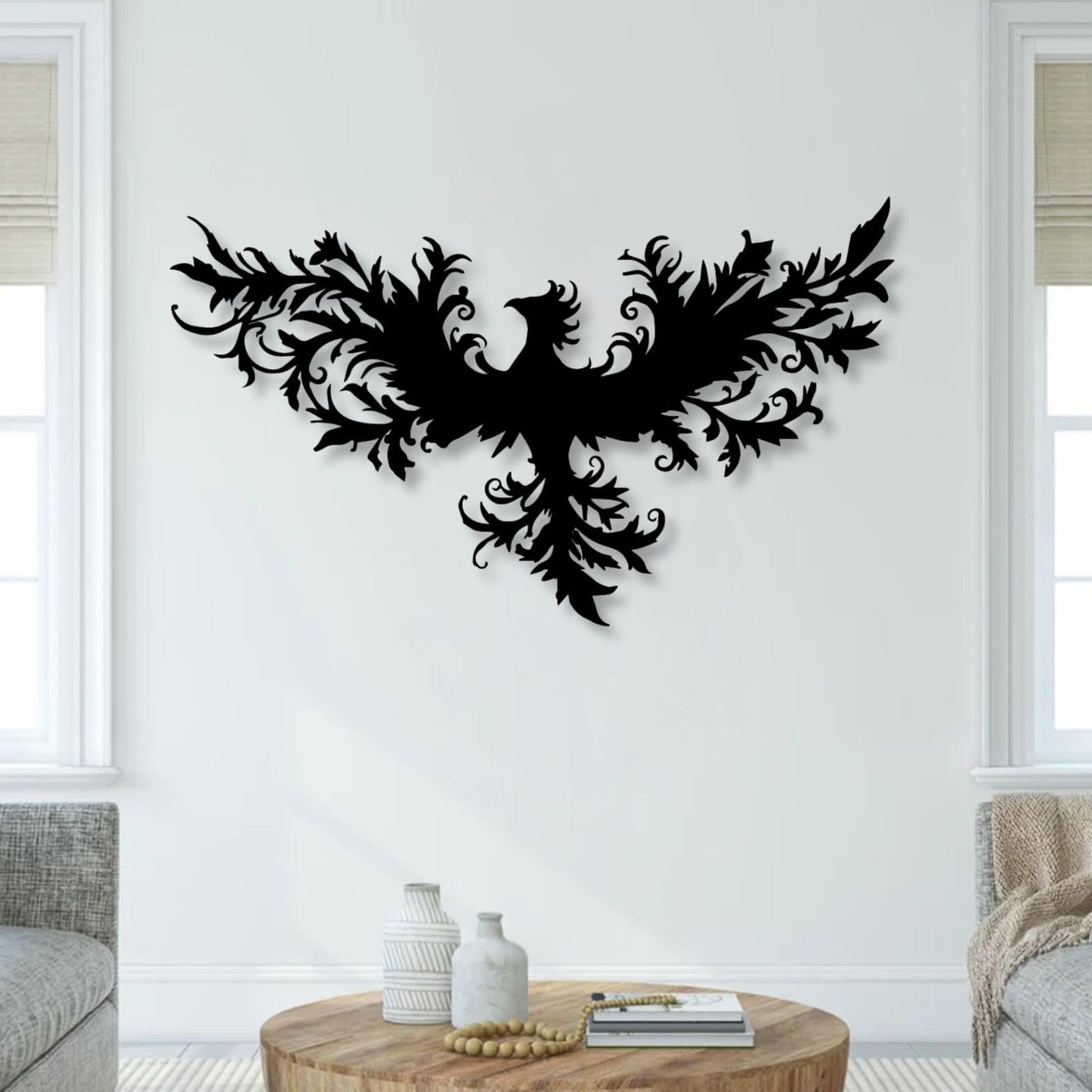 huefoam Phoenix Metal Wall Art, Metal Phoenix Wall Decor, Mythical Wall Decor for Living Room, Bedroom, Dining Room (Black, 19"×11"/47×28cm, metal art wall decor)