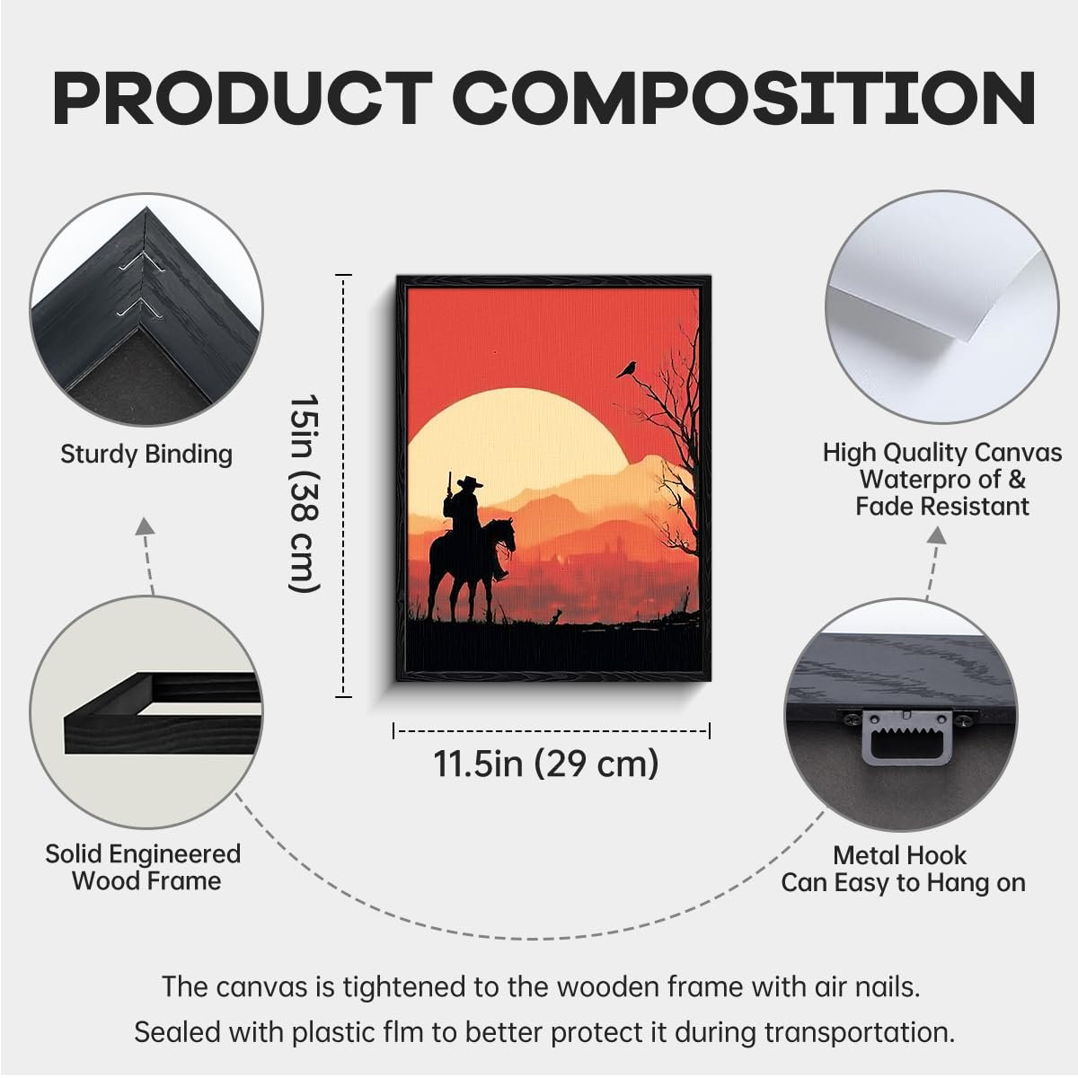 WOXZQ Western Cowboy and Frontier Town Sunset Canvas Print – 12x15 Inch Silhouette Wall Art – Wild West Poster for Gaming Room Bedroom Man Cave Decor