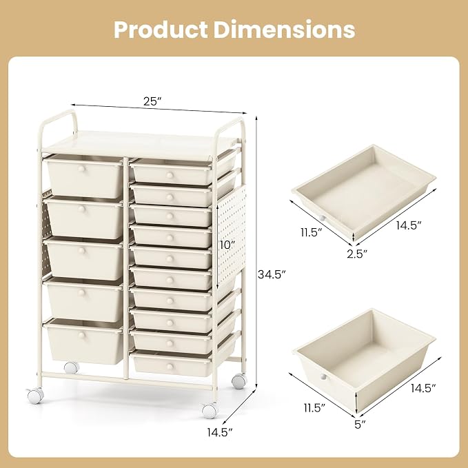 Giantex 15 Drawer Storage Cart, Rolling Craft Cart with Metal Tabletop & Pegboard, Mobile Utility Organizer Trolley with Locking Wheels, Home Office, Ivory