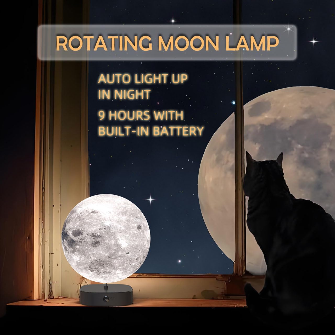 Camdii Moon Lamp, 6 inch 3D Printed Floating Moon lamp, auto Light up with self Rotating, Moon Light lamp for Kids (Black Base)