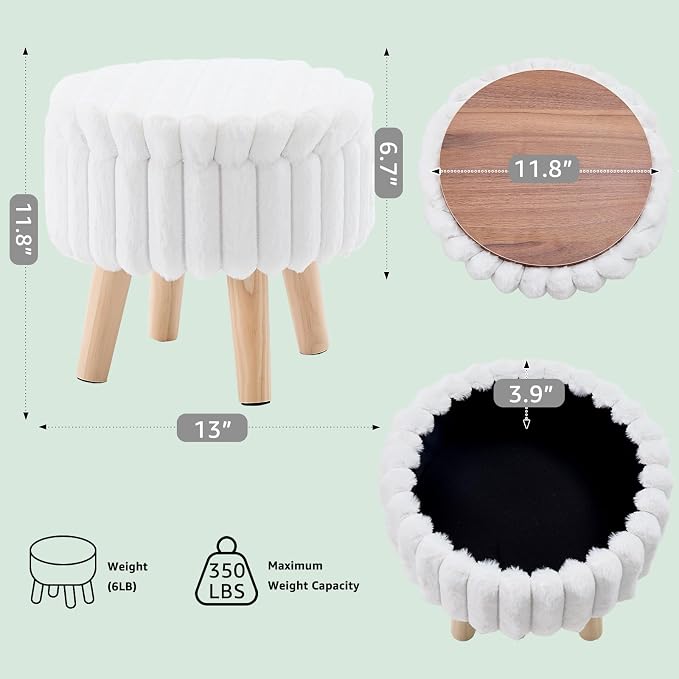 Wimarsbon Storage Ottoman, Modern Round Footrest with Soft Padded Seat, Teddy Velvet Footstool with Wood Legs, Accent Small Table or Plant Stand for Hallway, Living Room (White)
