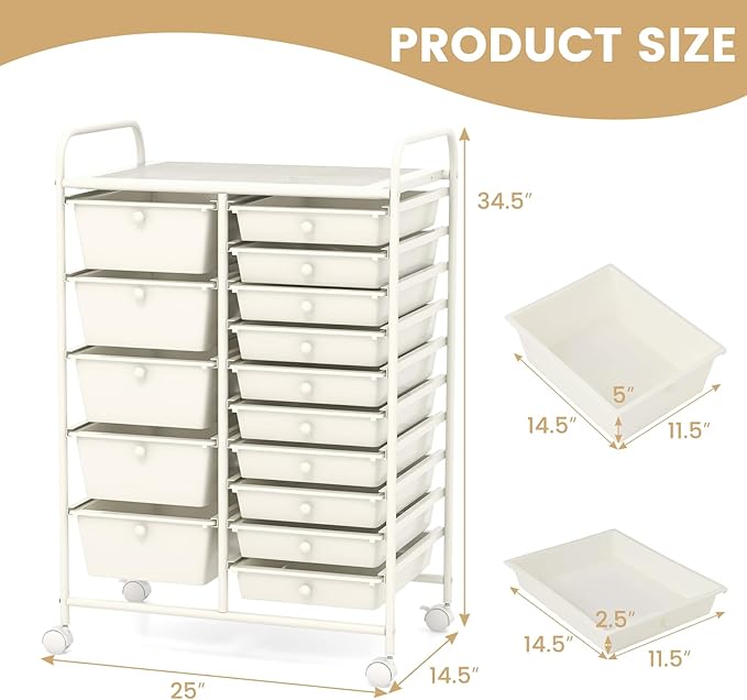 GOFLAME 15-Drawer Rolling Storage Cart, Craft Storage Cart with Removable Drawers & Lockable Wheels, Art Cart Supply Storage Organizer for Home Office Classroom, White
