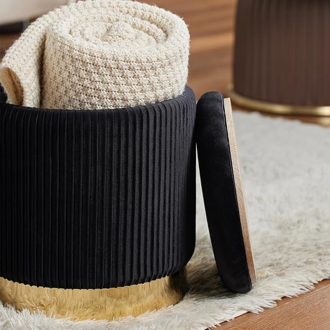 Round Ottoman with Storage Set of 2 Upholstered Velvet Vanity Stool for Living Room Storage Ottomans Multifunctional Foot Rest (Black with Bottom Gold)