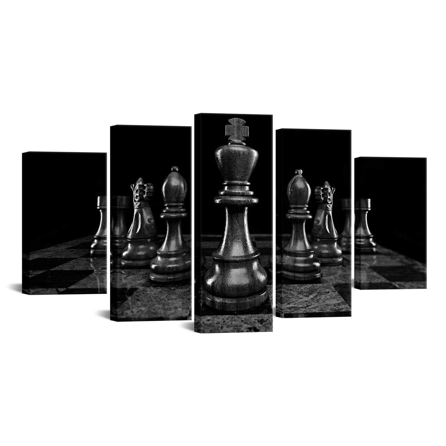 Conipit Chess Canvas Wall Art for Living Room Chess Board Wall Print Black King Knight Painting Chess Setup International Chess Picture Framed 5 Piece(total 60x32 inch)