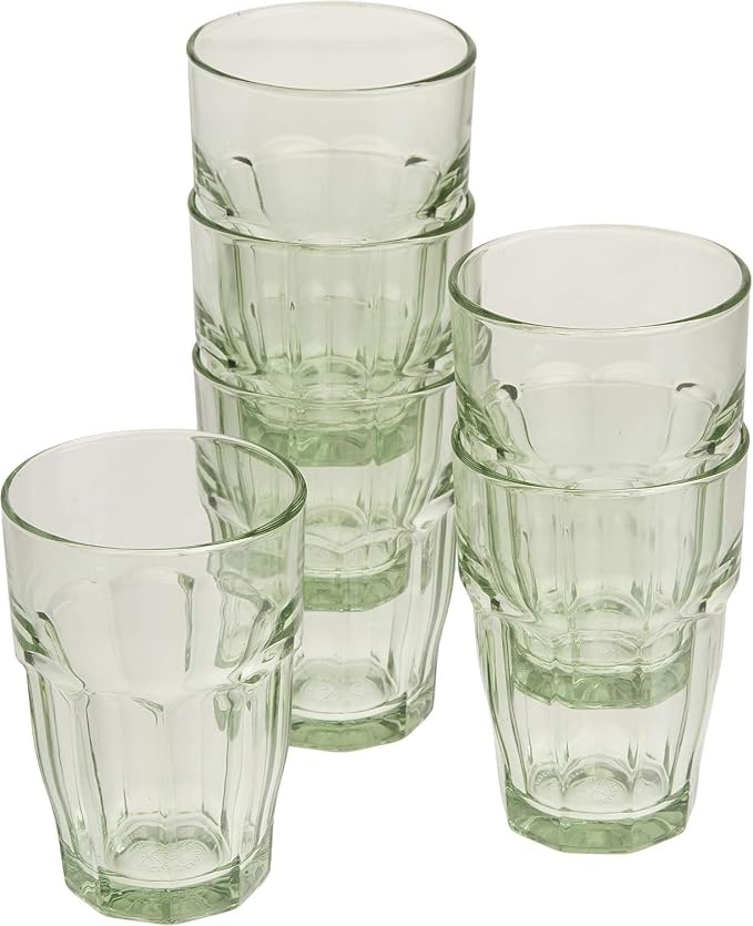 Bormioli Rocco Rock Bar 12.5 oz. Long Drink Stackable Tempered Beverage Glasses for Cold Drinks, Water, and Cocktails, Set of 6, Mint Green