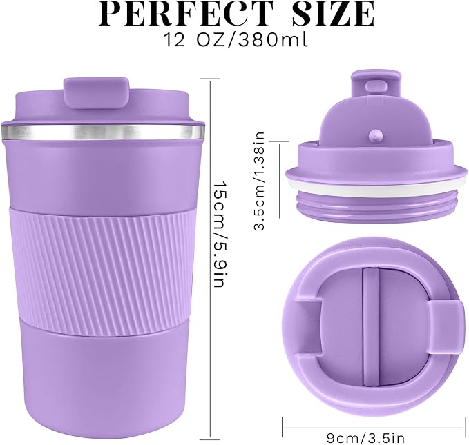 YINBAOGE Insulated Travel Coffee Mug, Spill & Leak Proof, Portable To Go Camping Stainless Steel Coffee Tumbler, Reusable Thermal Coffee Cup with Lid for Hot & Cold Drinks (Purple, 12 OZ)