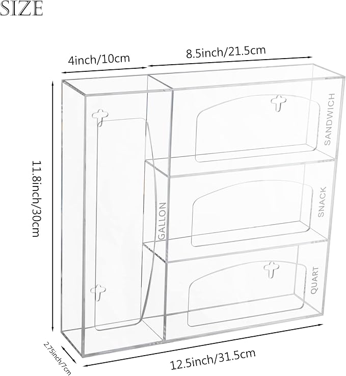 Acrylic Bag Storage Organizer for Kitchen Drawer, Food Storage Bag Organizer Holder Compatible with Ziplock, Glad, Hefty, Gallon, Quart, Sandwich & Snack Variety Size Bag (Clear)