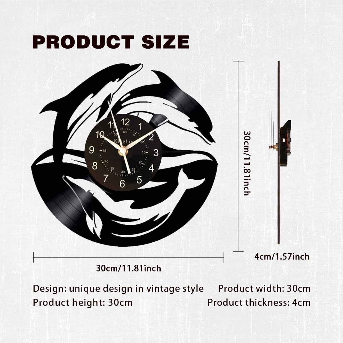 KingLive Dolphin Fish Vinyl Record Wall Clock 12 inches (30 cm) Black Modern Decorative Wall Clock Home Office Kids Bedroom Wall Creative Gifts