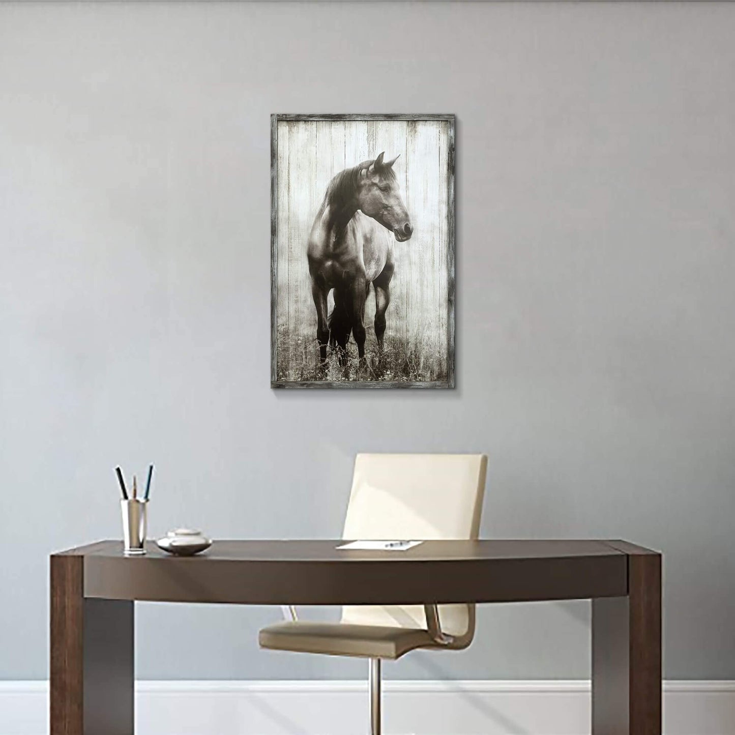 artopia Horse Wooden Farmhouse Wall Art: Farmed Rustic Gray Horse Decor Nature Wildlife Portrait Painting Western Animals for Bedroom Farm 16x12