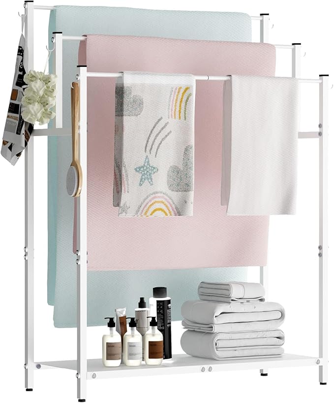 Mondazie 44” Tall Free Standing Towel Racks with 6 Hooks for Bathroom, 3 Tiers Oversized Pool Bath Towels Drying Stand, Metal Blanket Ladder Holder with Storage Shelf for Bedroom Living Room, White
