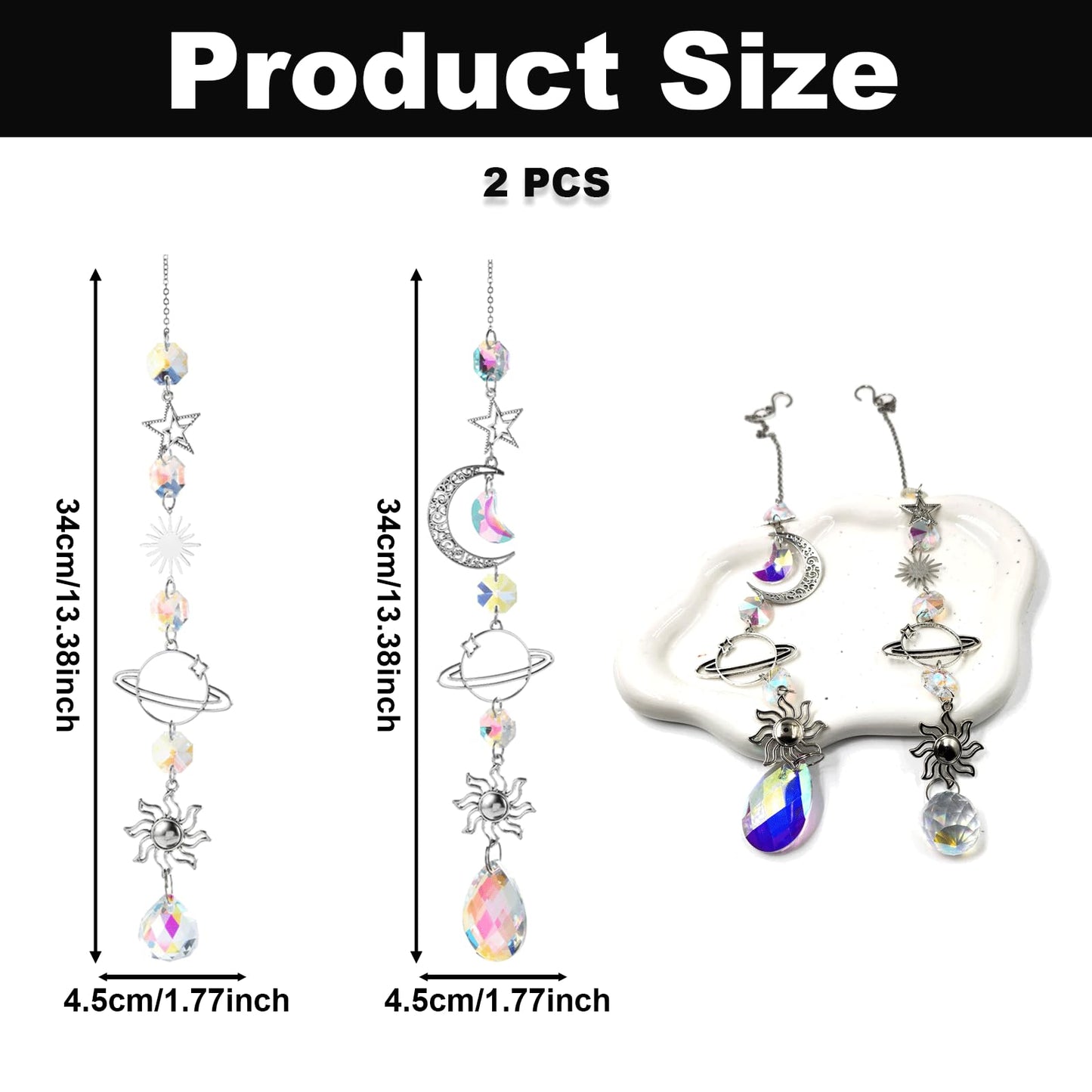 2PCS Moon & Star & Sun Rear View Mirror Car Charm, Crystal Sun Catchers Pendant, Healing Crystals Stones, 13.4in Moon Star Planet Boho Hanging Ornaments for Home & Car Decor