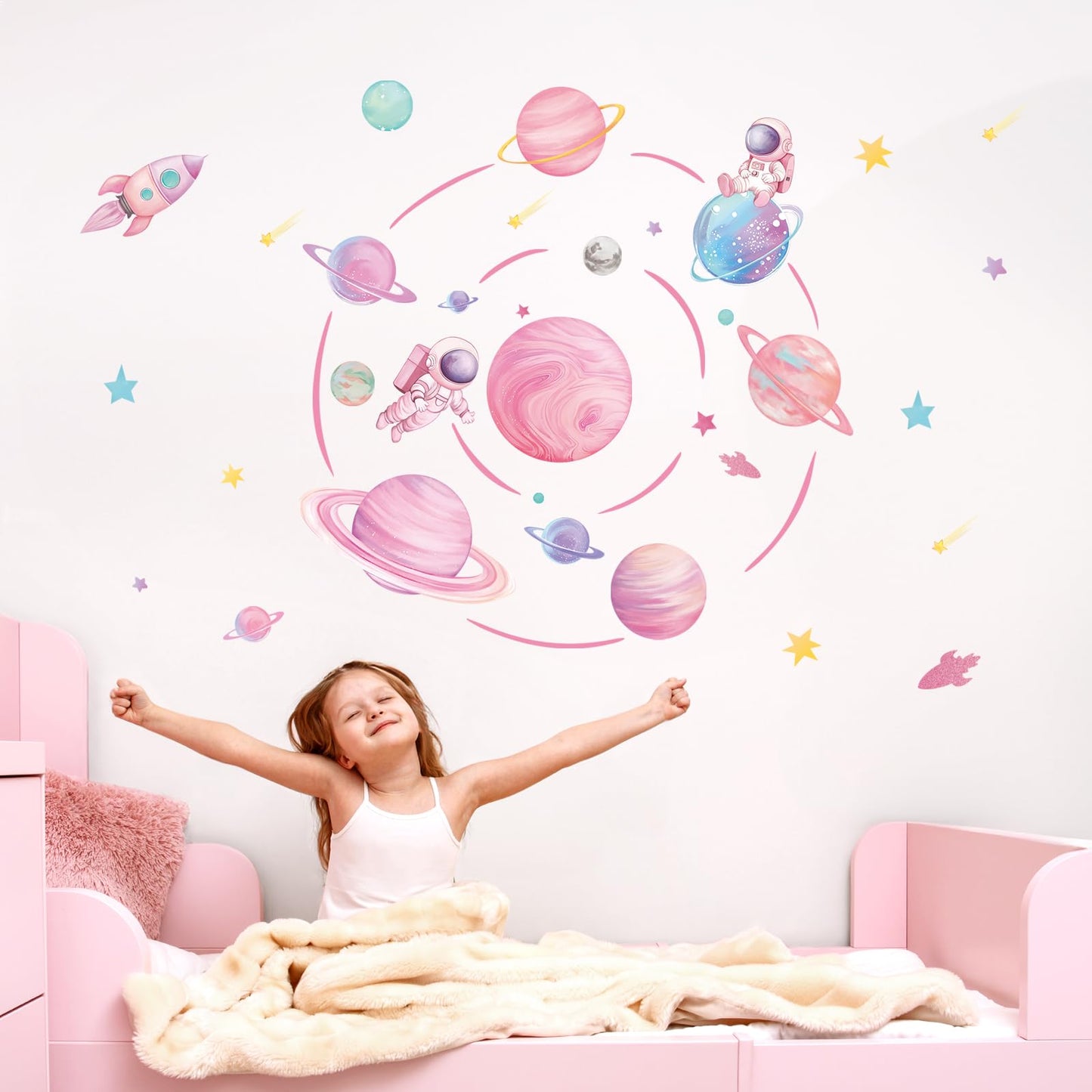 fufuquare Pastel Pink Planet Orbits Wall Decals, Fantasy Outer Space Themed Wall Stickers with Rocket Astronaut and Stars for Kid's Bedroom, Nursery, Playoom, Peel and Stick Reusable