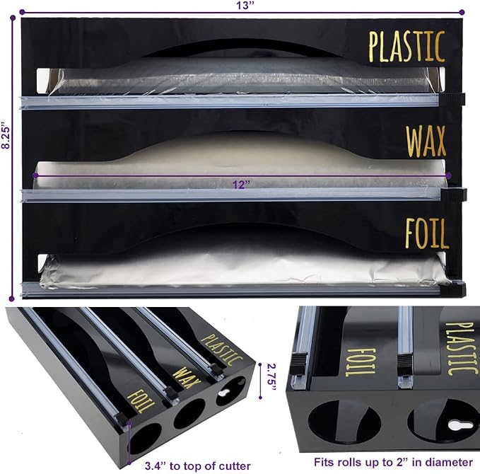 OnDisplay Luxe Acrylic 3-in-1 Plastic Wrap/Wax Paper/Aluminum Foil Dispenser for Drawer or Wall Mountable - Cling Wrap/Parchment Paper/Tin Foil Holder for Kitchen (Black 3-in-1)