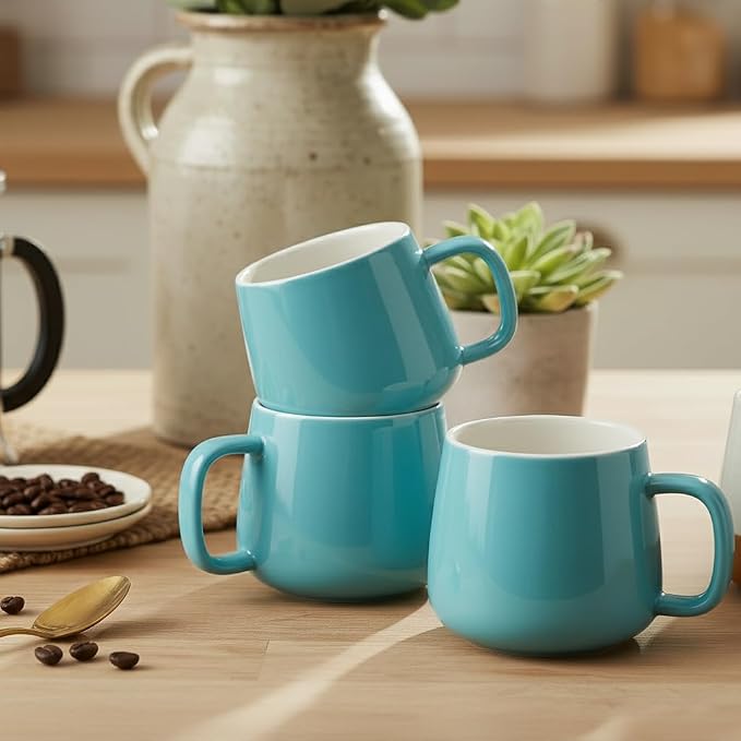 Teocera Coffee Mugs Set of 6-12oz Chip-Resistant Ceramic Cups with Ergonomic Handle | Dishwasher & Microwave Safe Turquoise Mugs | Keeps Beverage Hot, Perfect for Family Kitchen & Holiday Gifts