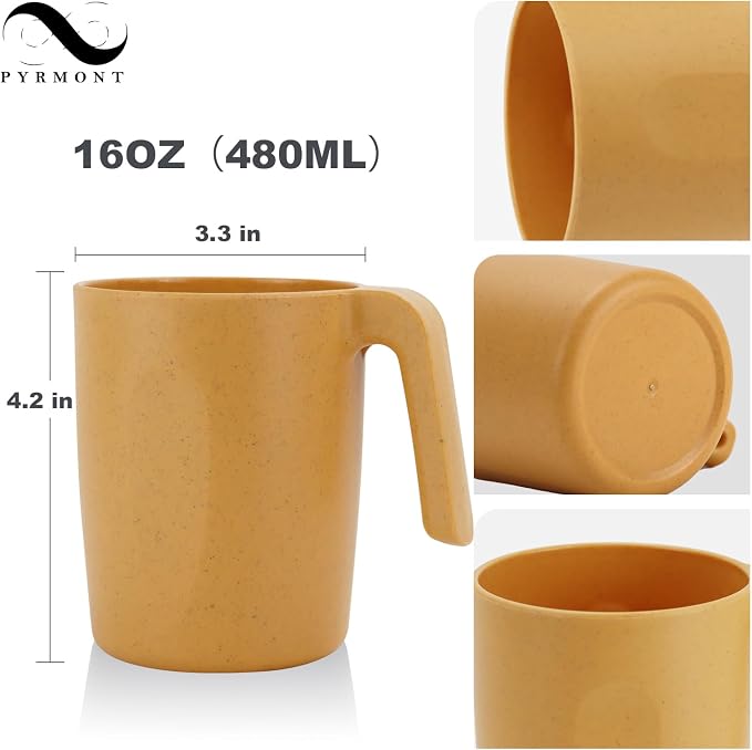 PYRMONT Wheat Straw Cups 16 Oz Alternative Plastic Cups With Handle Dishwasher & Microwave Safe Mug Set of 6 Unbreakable Cups Set for Kitchen,Party,RV Travel Unbreakable Water Cups-Yellow