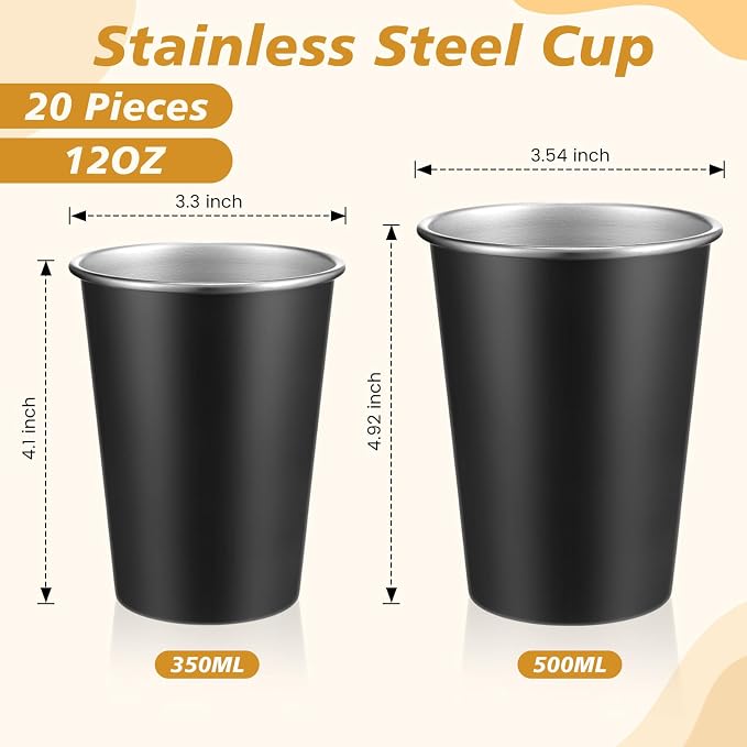 Mimorou 20 Pack 12 oz Stainless Steel Pint Cups Metal Cups Unbreakable Drinking Water Tumblers Stackable Tumbler for Adults Bar Home Restaurant Travel Picnic Camping Outdoor (Black)