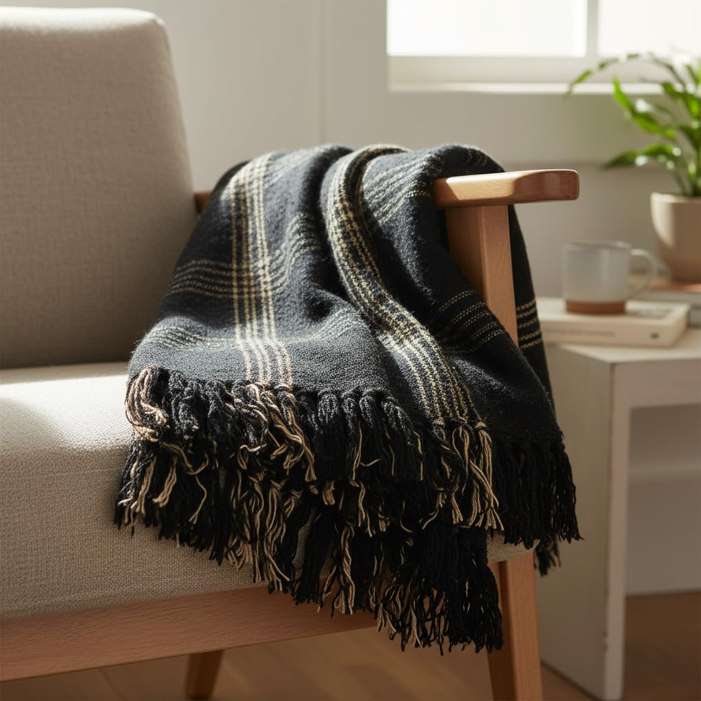 Plaid Black & Tan Fringed Woven Cotton Blend Throw